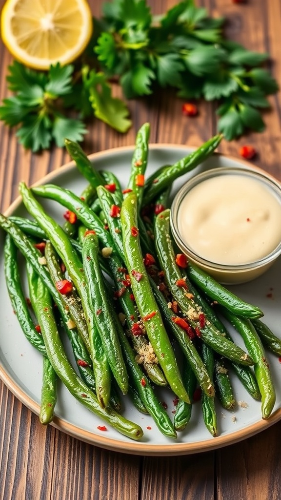 Crispy air fryer green beans garnished with garlic and red pepper flakes on a rustic table.